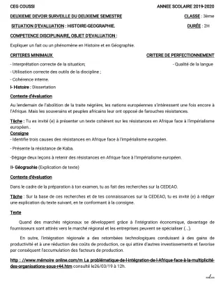 Première page de Histoire-Géographie 3e, 3e ML — 2e devoir surveillé, 2e semestre (2019-2020) · CEG COUSSI