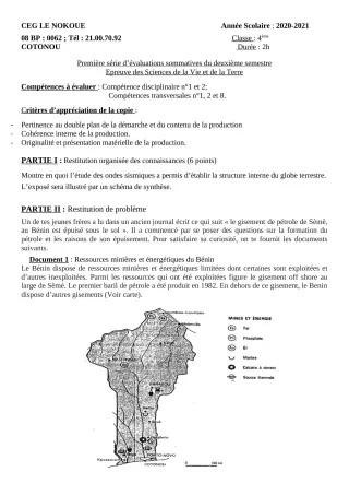 Première page de SVT 4e — Évaluation sommative, 2e semestre (2020-2021) · CEG LE NOKOUE