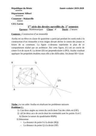 Première page de Mathématiques 3e — 1er devoir surveillé, 1er semestre (2019-2020) · CEG GAROU