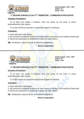 Première page de Français 6e — 1er devoir surveillé, 3e trimestre (2019-2020) · CPEG LE PHARAON