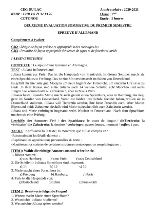 Première page de Allemand 3e ML — 2e évaluation sommative, 1er semestre (2020-2021) · CEG du Lac