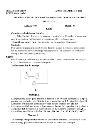 Première page de PCT 4e — 1re évaluation sommative, 1er semestre (2019-2020) · CEG Ahossougbéta