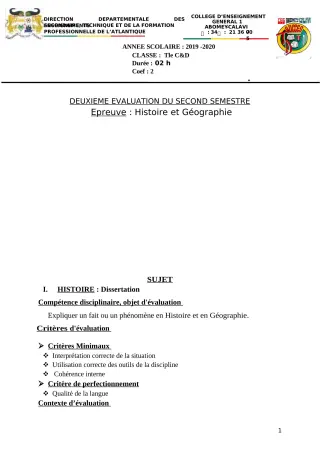 Première page de Histoire-Géographie Tle C, Tle D — 2e semestre (2019-2020) · CEG1 Abomey-Calavi