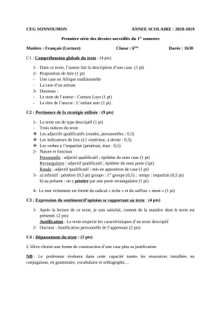 Première page de Français 6e — 1er devoir surveillé, 1er semestre (2018-2019) · CEG SONNOUMON