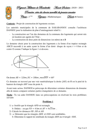 Première page de Mathématiques 3e — 1er devoir surveillé, 1er semestre (2020-2021) · PMB