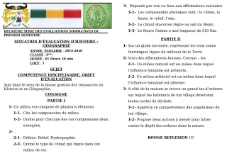 Première page de Histoire-Géographie 6e — 2e évaluation sommative, 1er semestre (2019-2020) · CEG GBESSOU