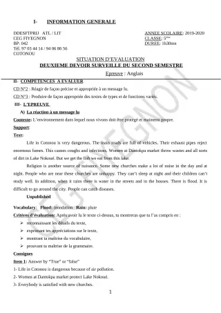 Première page de Anglais 5e — 2e devoir surveillé, 2e semestre (2019-2020) · CEG FIYEGNON