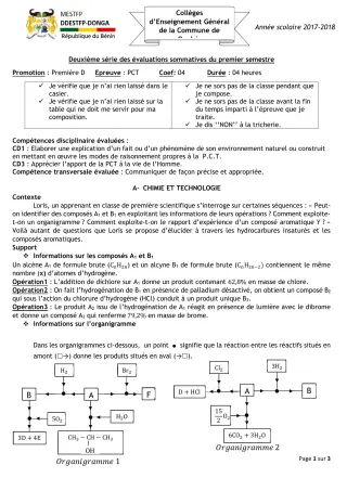 Première page de PCT 1ère D — 2e évaluation sommative, 1er semestre (2017-2018) · CEG C.P de Dompago