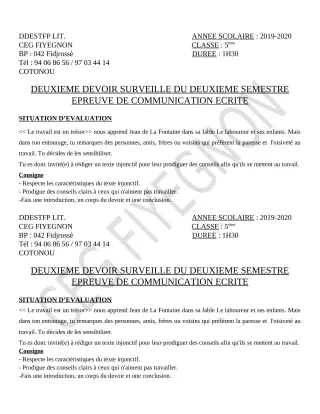 Première page de Français 5e — 2e devoir surveillé, 2e semestre (2019-2020) · CEG FIYEGNON