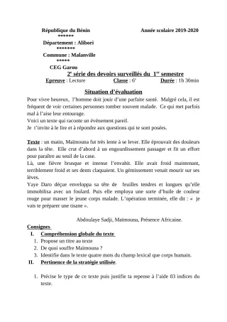 Première page de Français 6e — 2e devoir surveillé, 1er semestre (2019-2020) · CEG GAROU