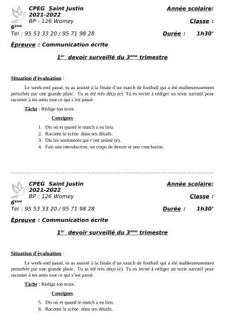 Première page de Français 6e, 5e — 1er devoir surveillé, 3e trimestre (2021-2022) · CPEG SAINT Justin