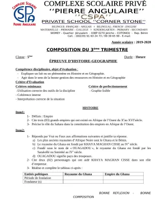 Première page de Histoire-Géographie 5e — Composition, 3e trimestre (2019-2020) · CPEG PIERRE ANGULAIRE