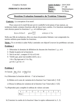 Première page de Mathématiques 1ère A2, 1ère B — 2e évaluation sommative, 3e trimestre (2019-2020) · CEG Ahossougbéta