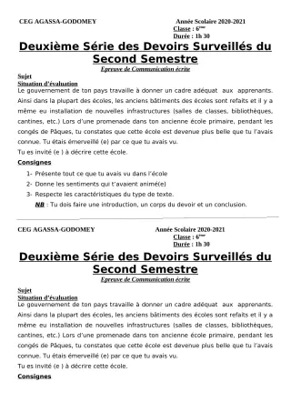 Première page de Français 6e, 5e, 4e ML&MC, 3e, 3e ML — 2e devoir surveillé, 2e semestre (2020-2021) · CEG Agassa Godomey