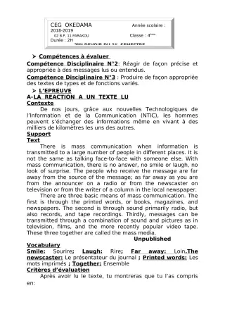 Première page de Anglais 4e ML — 2e devoir surveillé, 1er semestre (2018-2019) · CEG OKEDAMA