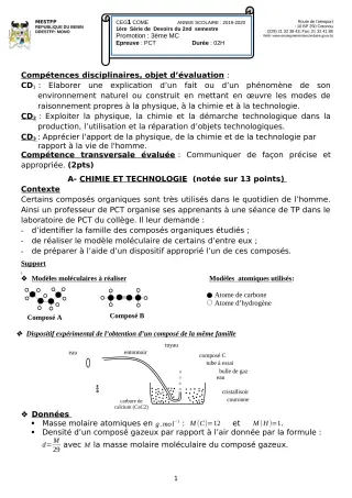 Première page de PCT 3e — 1er devoir surveillé, 2e semestre (2019-2020) · CEG 1 Comè