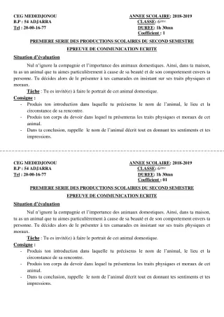Première page de Français 6e — 1re production scolaire, 2e semestre (2018-2019) · CEG Mèdédjonou