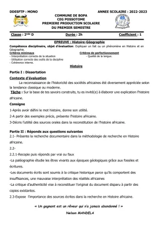 Première page de Histoire-Géographie 2nde D — 1re production scolaire, 1er semestre (2022-2023) · CEG POSSOTOME