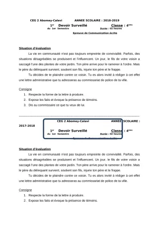 Première page de Français 4e, 4e ML — Devoir surveillé, 1er semestre (2018-2019) · CEG2 ABOMEY - CALAVI (CEG ZOCA)