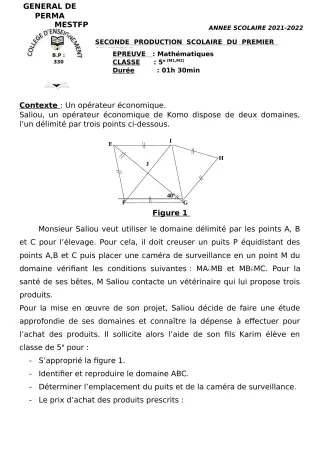 Première page de Mathématiques 6e, 5e, 4e, 3e, 2nde A, 2nde D, 1ère A, 1ère D, Tle A, Tle D — 2e production scolaire, 1er semestre (2021-2022) · CEG Perma