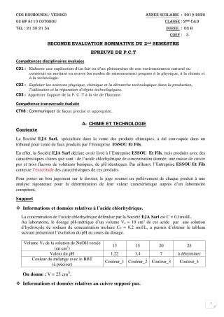 Première page de PCT 2nde C, 2nde D — 2e évaluation sommative, 2e semestre (2019-2020) · CEG Kouhounou-Vêdoko