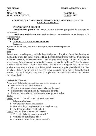 Première page de Anglais 5e — 2e devoir surveillé, 2e semestre (2019-2020) · CEG du Lac