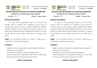 Première page de Français 5e — 2e devoir surveillé, 2e semestre (2020-2021) · CEG SEKERE