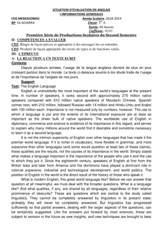 Première page de Anglais Tle A — 1re production scolaire, 2e semestre (2018-2019) · CEG Mèdédjonou