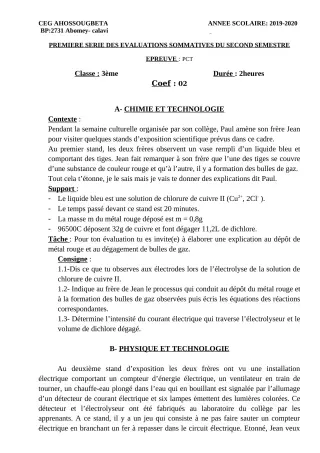 Première page de PCT 3e — 1re évaluation sommative, 2e semestre (2019-2020) · CEG Ahossougbéta