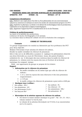 Première page de PCT 2nde D — 1er devoir surveillé (2020-2021) · CEG SEKERE