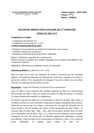 Première page de SVT 2nde C — 2e production scolaire, 1er semestre (2019-2020) · CEG GBEGAMEY