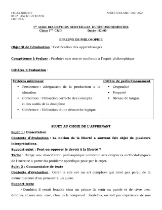 Première page de Philosophie 1ère C, 1ère D — 1er devoir surveillé, 2e semestre (2021-2022) · CEG LE NOKOUE