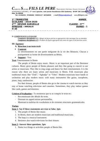 Première page de Anglais 5e — 2e devoir surveillé, 1er trimestre (2019-2020) · CPEG Fils-Le-Père