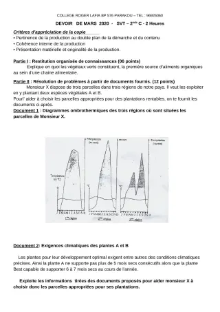 Première page de SVT 2nde C — Devoir surveillé (2019-2020) · CPEG Roger LAFIA