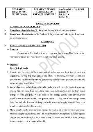 Première page de Anglais 3e, 3e ML — 2e devoir surveillé, 1er semestre (2018-2019) · CEG PAHOU