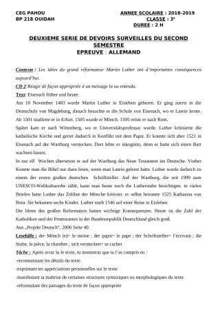 Première page de Allemand 3e ML — 2e devoir surveillé, 2e semestre (2018-2019) · CEG PAHOU