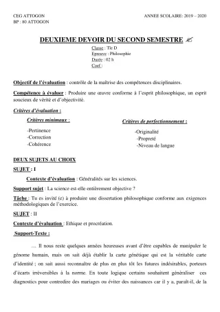 Première page de Philosophie Tle D — 2e devoir surveillé, 2e semestre (2019-2020) · CEG Attogon