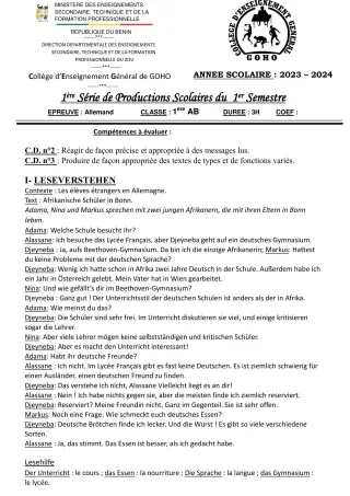 Première page de Allemand 1ère A & B — 1re production scolaire, 1er semestre (2023-2024) · CEG GOHO