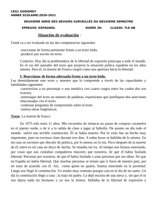 Première page de Espagnol Tle A2, Tle B — 2e devoir surveillé, 2e semestre (2020-2021) · CEG1 GODOMEY