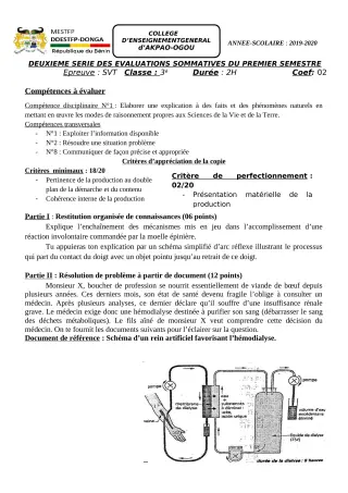 Première page de SVT 6e, 5e, 4e, 4e ML, 3e, 3e ML — 2e évaluation sommative, 1er semestre (2019-2020) · CEG Akpao-Ogou