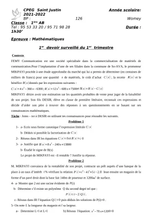 Première page de Mathématiques 1ère A2, 1ère B — 1er devoir surveillé, 1er trimestre (2021-2022) · CPEG SAINT Justin