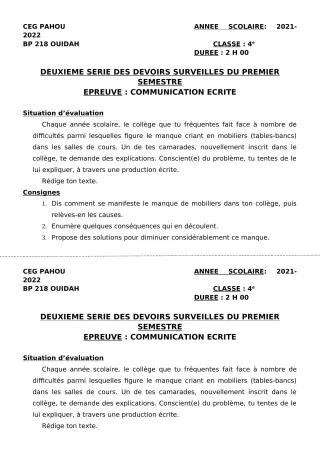 Première page de Français 4e — 2e devoir surveillé, 1er semestre (2021-2022) · CEG PAHOU