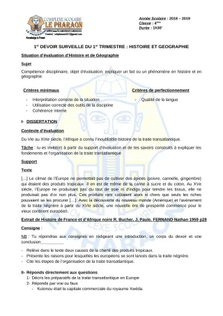 Première page de Histoire-Géographie 4e, 4e ML — 1er devoir surveillé, 1er trimestre (2019-2020) · CPEG LE PHARAON