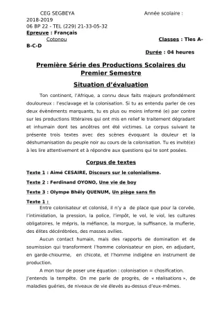 Première page de Français 5e, 3e, Tle A2, Tle B, Tle C, Tle D — 1re production scolaire, 1er semestre (2018-2019) · CEG SEGBEYA