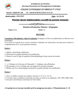 Première page de Histoire-Géographie 6e — 1er devoir surveillé, 1er trimestre (2024-2025) · Hibiscus 1er cycle
