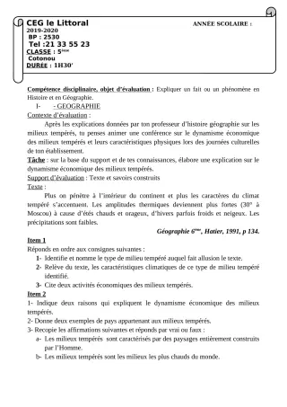 Première page de Histoire-Géographie 5e — 2e devoir surveillé, 1er semestre (2019-2020) · CEG Le Littoral