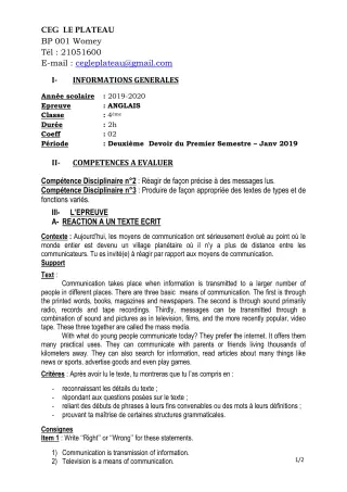 Première page de Anglais 4e, 4e ML — 2e devoir surveillé, 1er semestre (2019-2020) · CEG Le Plateau