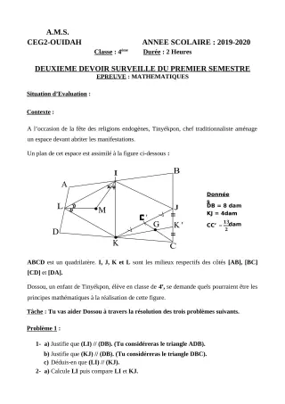 Première page de Mathématiques 6e, 5e, 4e, 4e ML, 3e, 3e ML, 2nde A & B, 2nde C, 2nde D, 1ère A2, 1ère B, 1ère C, 1ère D, Tle A1, Tle A2, Tle B, Tle D — 2e devoir surveillé, 1er semestre (2019-2020) · CEG2 OUIDAH