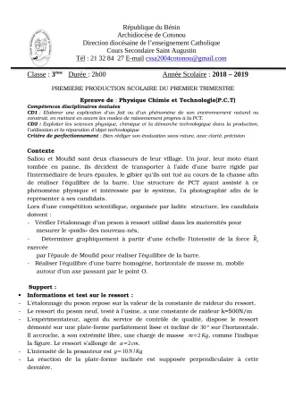 Première page de PCT 6e, 5e, 4e, 3e, 2nde C, 2nde D, 1ère C, 1ère D, Tle C, Tle D — 1re production scolaire, 1er trimestre (2018-2019) · CEG SEGBEYA