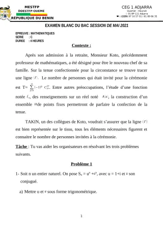 Première page de Examen Blanc de MATHS GENE — Tle C — CEG1 Adjarra (2020)